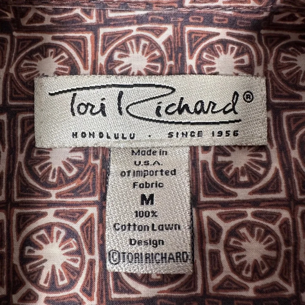 Tori Richard Shirt Mens Medium Brown Cotton Lawn Geometric Button Up Hawaiian - Picture 2 of 9